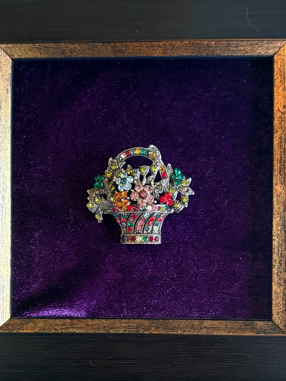 Vintage Rhinestone Flower Basket Brooch Multicolor Floral Bouquet Pin